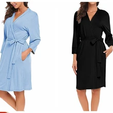 Одноцветный женский халат, 4/3 рукав, v-образный вырез, легкий длинный халат с поясом, женский халат, мягкая Пижама