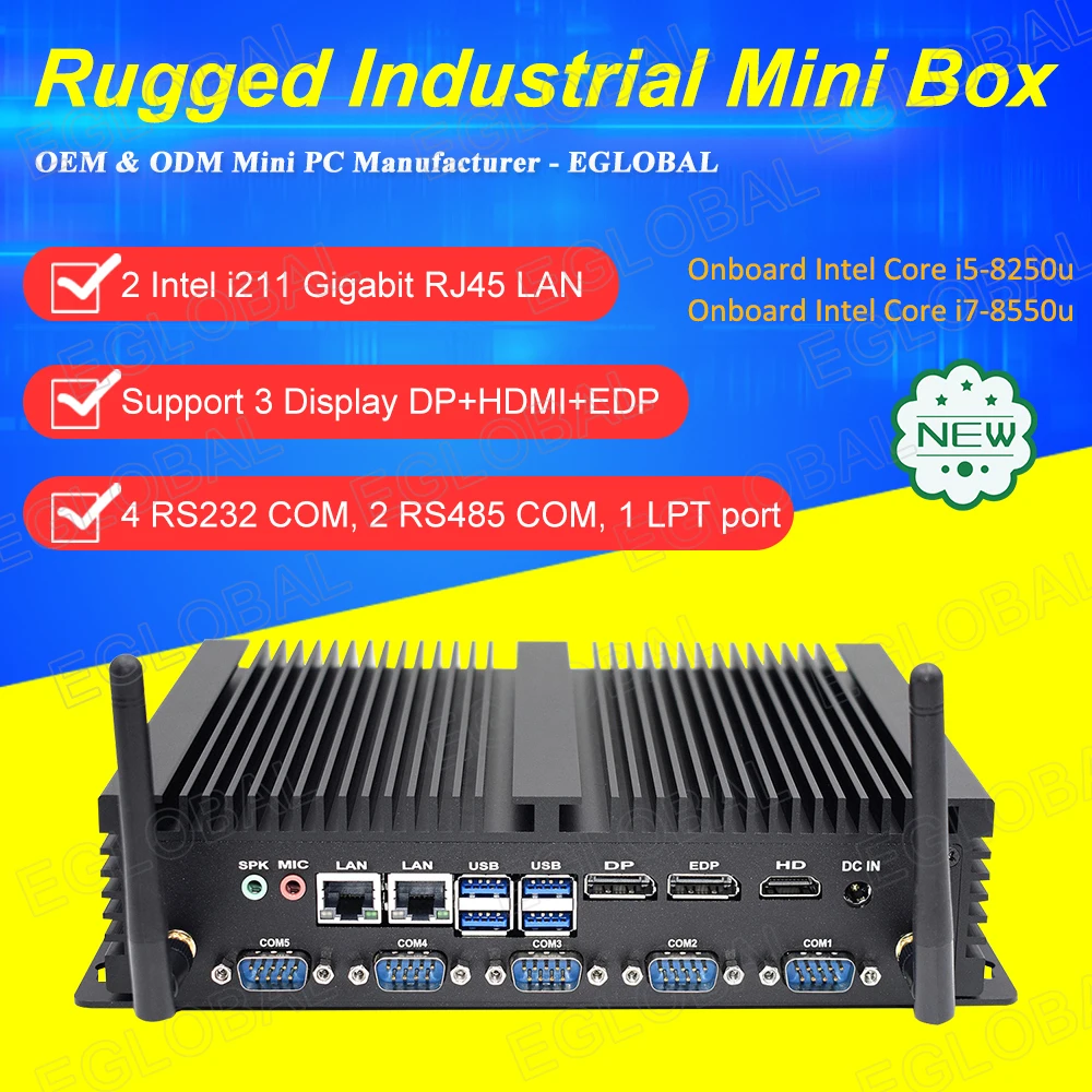 

Eglobal Industrial Mini Computer Intel Core i5 8250U Windows Mini PC 3 Display HDMI DP EDP Rich Interfaces LPT 6 COM RS232/485