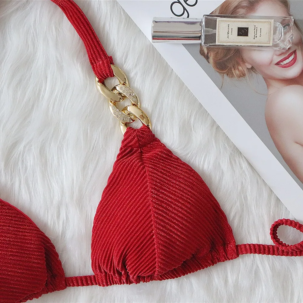 Bikini Halter Solid Red Push Up Pad Metal Chain Swimsuit Brazilian Bathers Bathing Suit Thong Swimwear