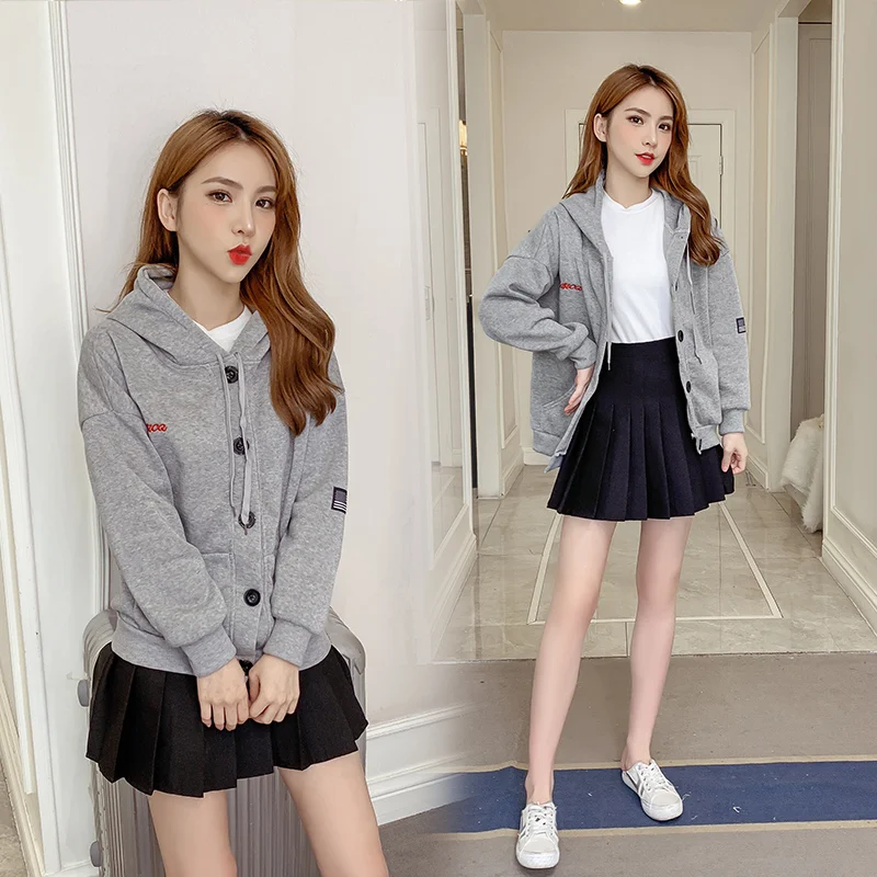 

2019 Autumn Winter New Womens Hoodies Korean Fashion Casual Solid Gray Single-breasted Letter Embroidery Long Sleeve Female Coat