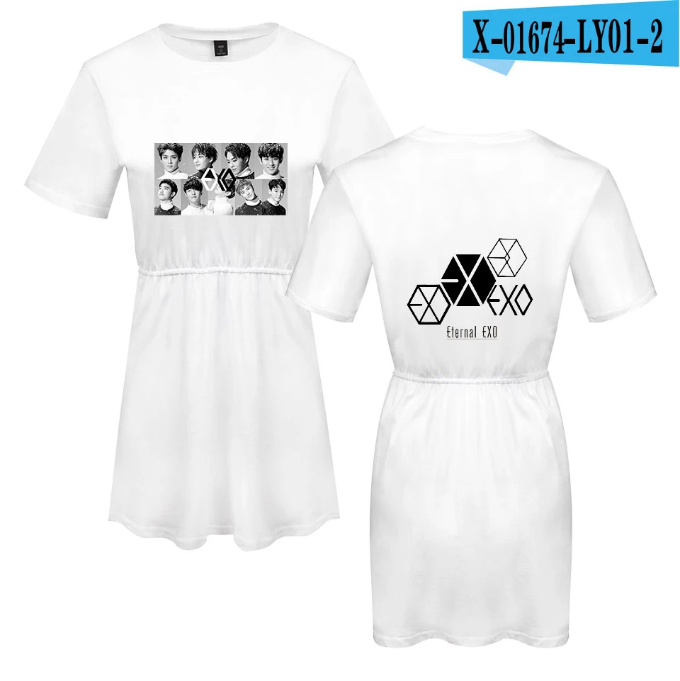 EXO Ablum Платье с принтом женское платье Модное Элегантное летнее платье с круглым вырезом и короткими рукавами халат Femme короткое платье KPOP - Цвет: white
