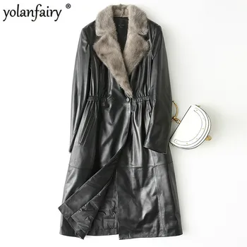 

Leather Jacket Women Winter Sheepskin Genuine Leather Jacket Real Mink Fur Collar Duck Down Long Coat Chaqueta Mujer X-135 YY540