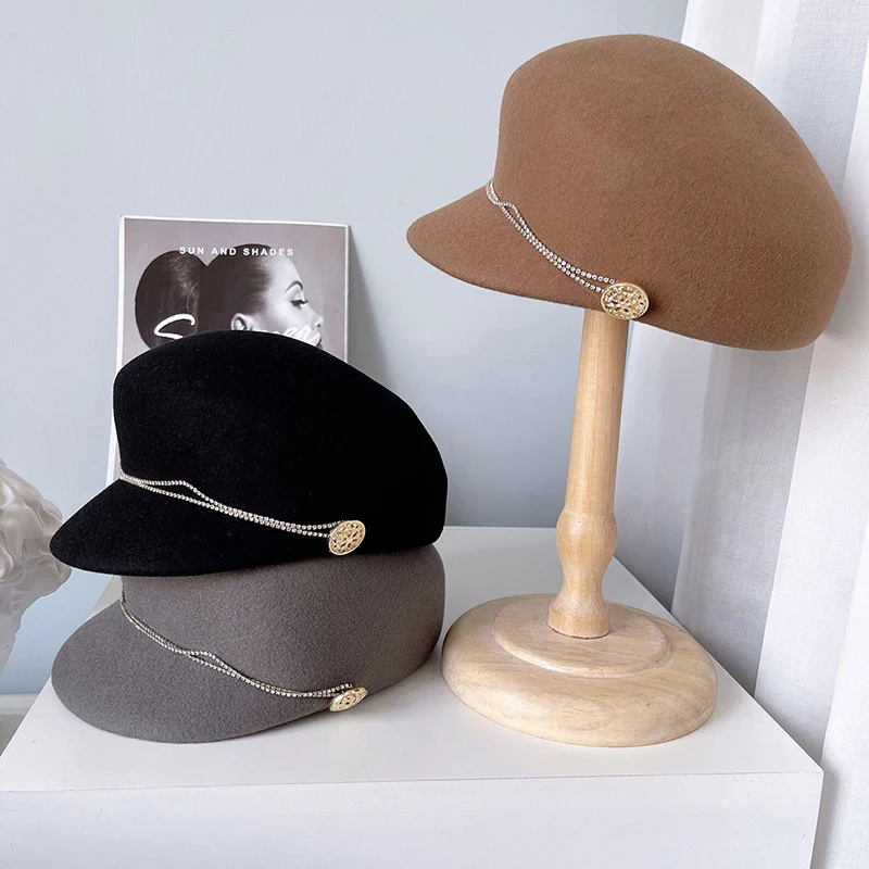 

2021 Australian Wool Casual Hat Women Winter Warm Pure Wool Cap With Rhinestone Chain Decoration Retro Military Cap Newsboy Hat