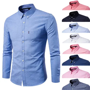 

Helisopus New Mens Dress Shirts Spring Cotton Turn-down Collar Smart Casual Shirt Long Sleeve Solid Color Slim Fit Tops