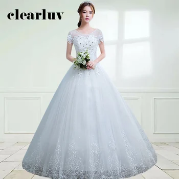 

O-Neck Wedding Dresses DR706 Crystal Lace Formal Bridal Gowns Embroidery Long Vestido De Novia Short Sleeve Wedding Dress 2020