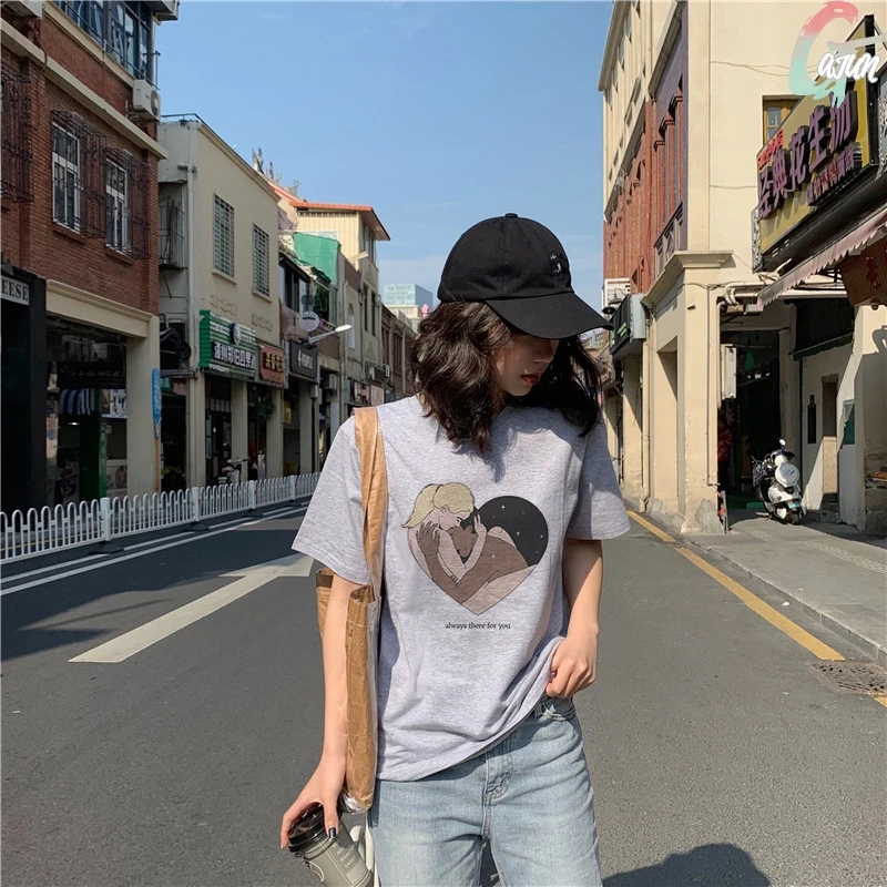 Летняя серая футболка с принтом Love & Hell шикарная Винтажная Футболка Harajuku Kiss Me