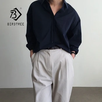 

2020 Autumn New Women Solid Vintage Oversized Navy Shirt Batwing Sleeve Blouse Casual Korean Style Tops Feminina Blusa T06541F