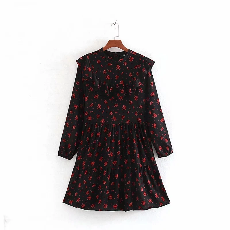 

Vintage Flower Prints Cascading Ruffle Women Mini Dress 2019 Autumn Leisure Lady Long Sleeve Loose Dresses D3700