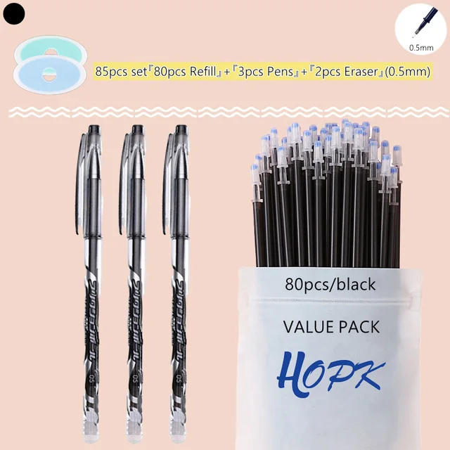85Pcs/Set Blue Black Ink Gel Pen 0.5mm Erasable Refill Rod Erasable Pen Washable Handle School Writing Kawaii Stationery Gel Pen 0.5mm Black set D
