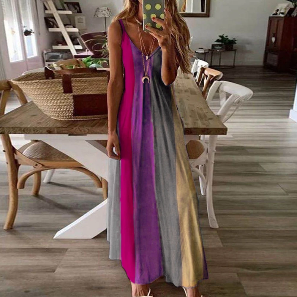 CYSINCOS Women O-Neck Midi Dress Summer Beach Sundress Printed Sleeveless Casual Daliy Boho Long Maxi Dress Vestidos De Verano