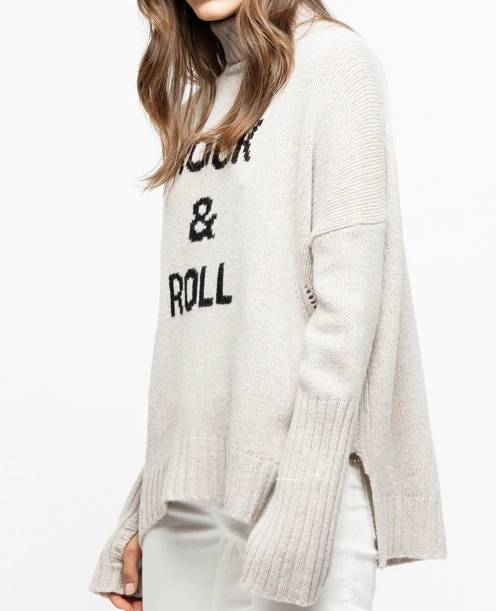 

Beige WOOL Cashmere TURTLENECK knits LONG OVERSIZED SWEATER FRONT Letters Jac DROP SHOULDER SIDE SLITS LONG SLEEVES JUMPER