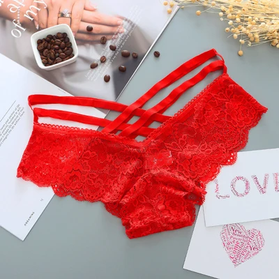 1pcs Women Sexy Panties Lace Solid Sexy Briefs Cross Strap Lace Lingerie Female Underwear Pant Ladies Women G String Thong - Color: Red