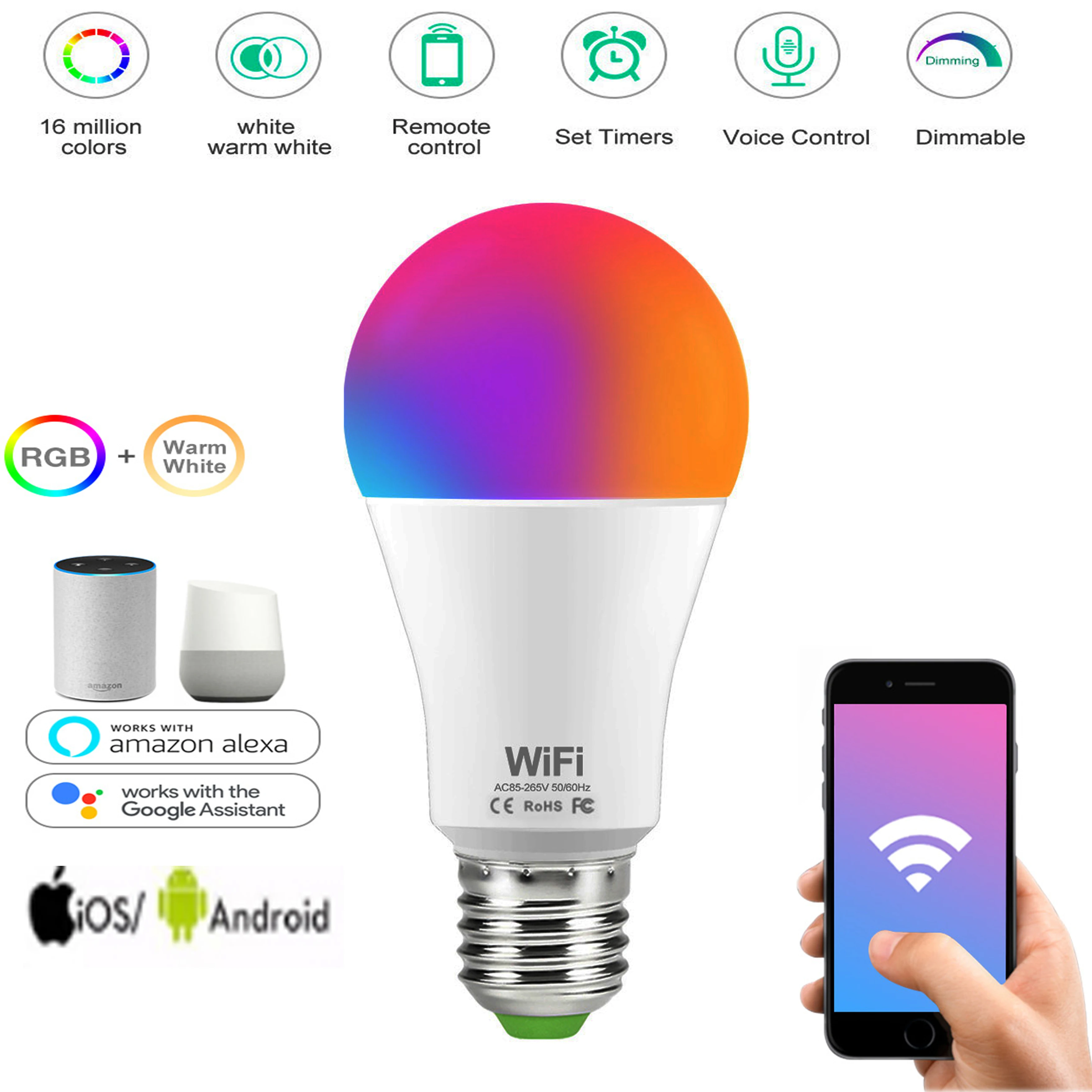 WiFi Smart Light Bulb 15W RGB Dimmable LED Light Lamp for Alexa Google Home 