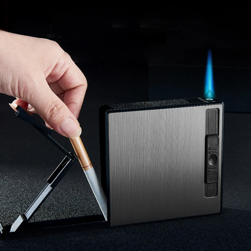 

18Pcs Automatic Cigarette Case Cigarette Capacity Lighter Gas Lighter Turbo Metal Cigarette Box For Men Smoking Nice Gift