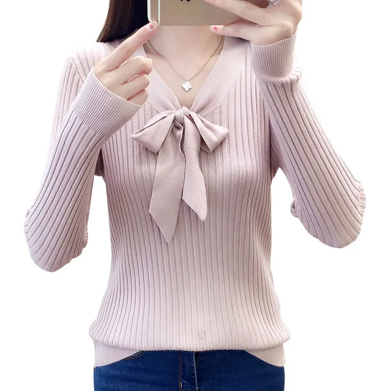 

2019 Autumn And Winter New Women's Knit Butterfly Collar Pullover Bow Sweater Sweet Slim Knit Shirt Sueter Feminino