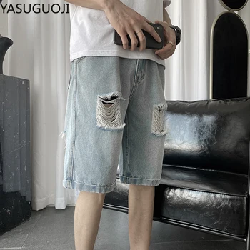 

YASUGUOJI Ripped Destroyed Distressed Denim Shorts 2020 Mens Hole Denim Shorts Blue Male Hip Hop Fashion Casual Dot Jeans Short