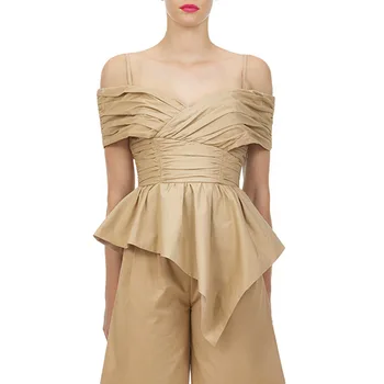 

2020 Summer New Sexy Pleated Waist Hugging Slim Irregular All-match Top Shirt with Narrow Straps Women