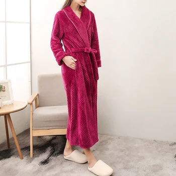 

Women Flannel Robe Pajamas Lace Up Solid Color Thicken Soft Warm Long Bath Robe with Side Pockets
