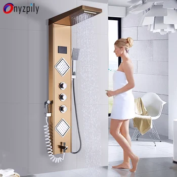 

Onyzpily Golden Shower Panel Rain Waterfall Tower Shower Column Massage System Shower Set Multifunction Outlet Water 6 Waterway