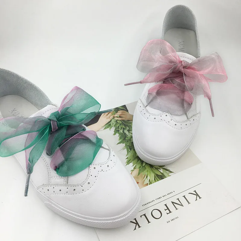 4 cm verbreiterte Organza-Schnürsenkel mit Farbverlauf, Chiffen-Garn, Schleife, breite Schnürsenkel, Trend, Schönheit, Weiß, lässige Sneaker-Schuhe, Schnürsenkel, Dropship