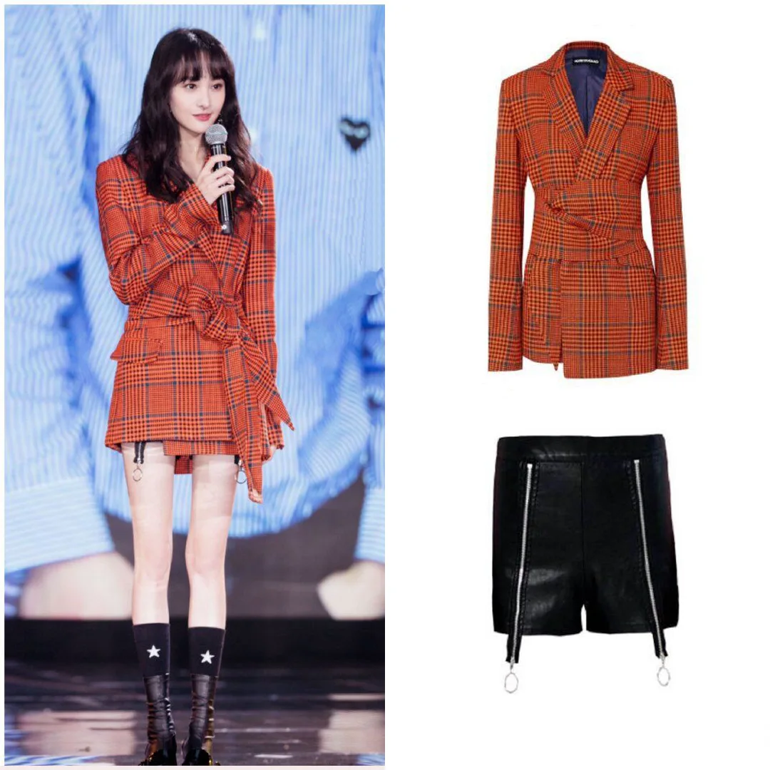 

2019 Autumn And Winter Star Zheng Shuang Celebrity Style British Style Lace-up Waist Hugging Plaid Suit Coat Black Leather Pants