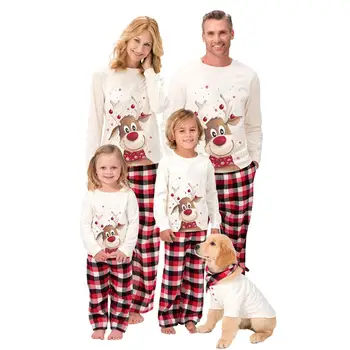 

2pcs Set Festival Wear Family Matching Xmas Pyjamas Set Long Sleeve Elk Print Blouse Plaid Pants Sleepwear Set