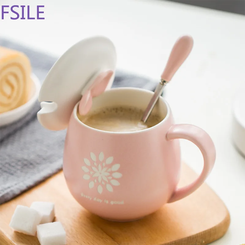 Fsile Creative Cartoon Heat-resistant Mug 380ml Cup with Lid Milk Coffee Ceramic Cup Couple Cup Office Drinking Cup Gift