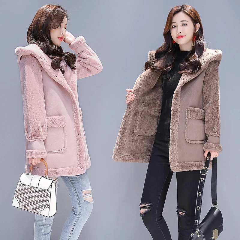 

Photo Shoot Lambs Wool Coat Women's Autumn And Winter 2018 New Style WOMEN'S Dress Korean-style Loose-Fit Hooded Mid-length Sued
