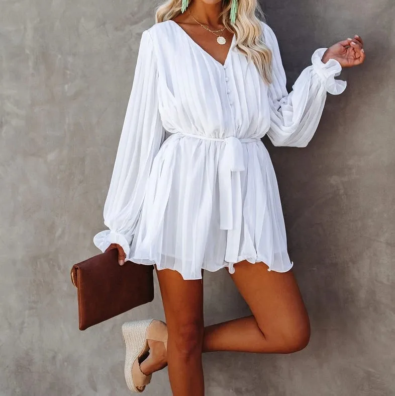 High Quality Chiffon Bikini Cover-ups Sexy V-neck Self Belted Summer Dress White Tunic Women Beach Wear Swim Suit Cover Up A396