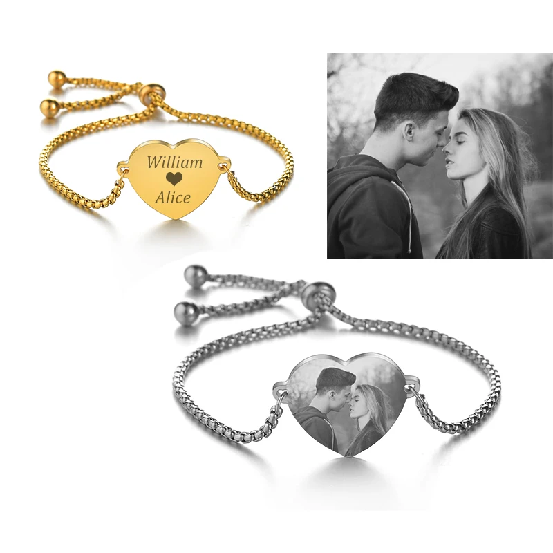 Atoztide Customized Bracelets Engrave Photo Name Bracelet Silver Gold Heart Adjustable Bangles For Women Gift