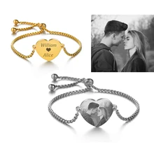 Atoztide Customized Bracelets Engrave Photo Name Bracelet Silver Gold Heart Adjustable Bangles For Women Gift