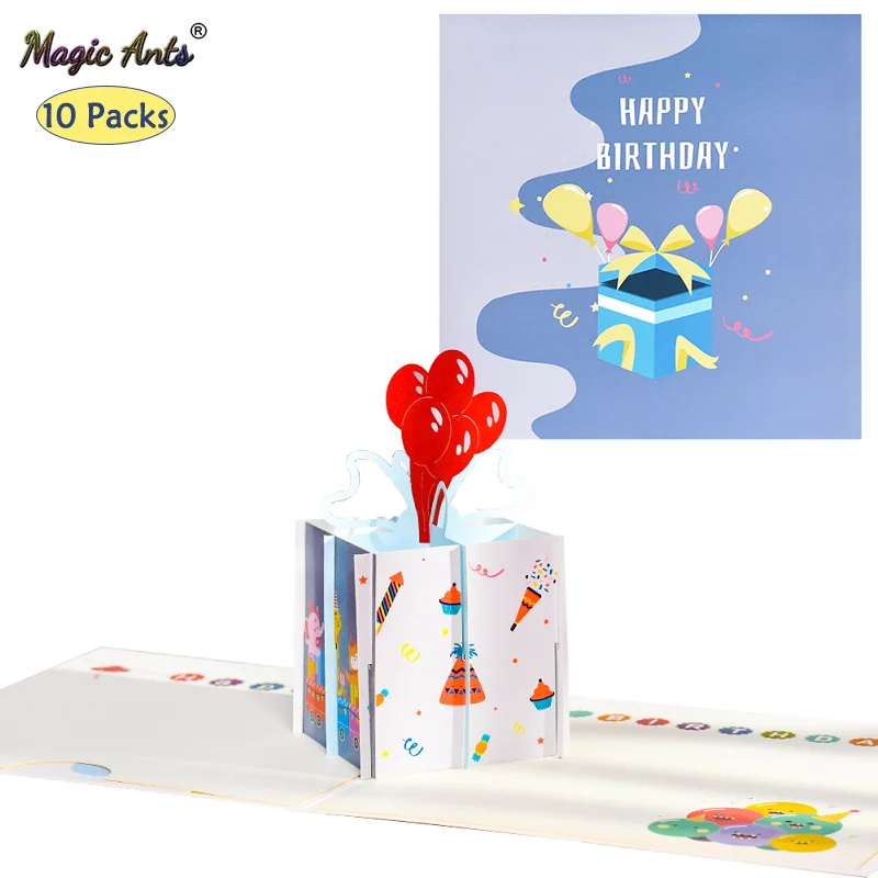 

10 Pack 3D Pop-Up Cards Birthday Cartoon Birthday Balloon Box Greeting Card Postcard wholesale with Envelope Stickers