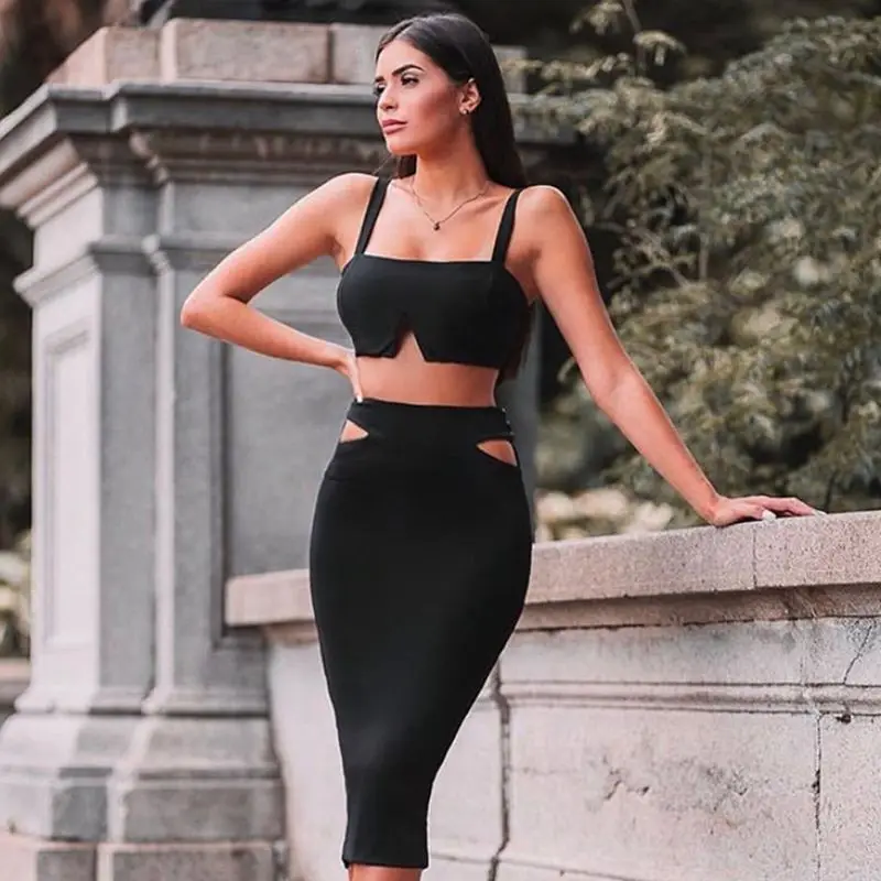 ADYCE новые летние женские черные облегающие бандажные комплекты из 2 предметов Топ без рукавов и юбка с вырезами комплекты знаменитостей для вечеринок - Цвет: Black