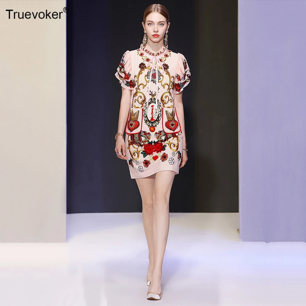 Truevoker, дизайнерские, европейские, Подиумные, курортные платья, женские, короткий рукав, Ретро стиль, тотем, принт, бисер, алмаз, праздничные платья