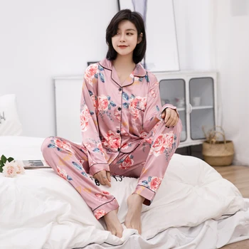 

2 Piece Spring Autumn Women Sleepwear Ice Silk Satin Pajamas Set Long Sleeve Sleepwear Pajamas Suit Female Homewear