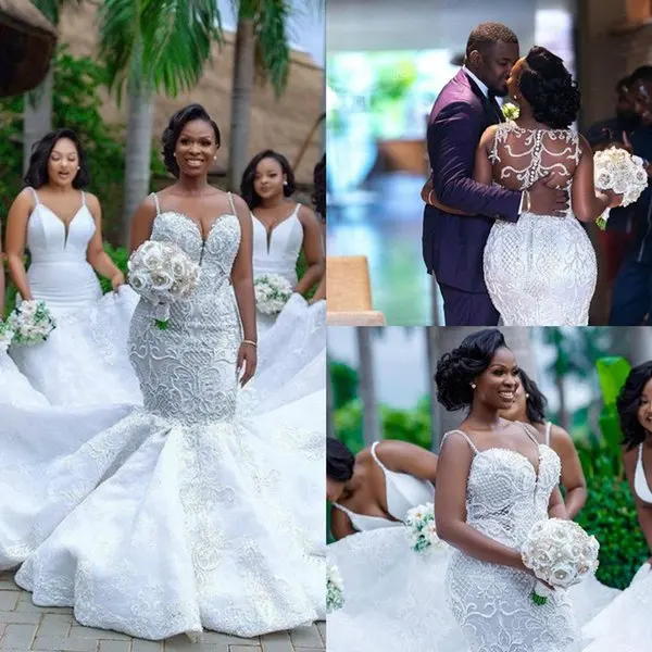 

Plus Size Mermaid Wedding Luxury Lace Beaded Spaghetti Backless Chapel Train African Fishtail Garden Bridal Dresses