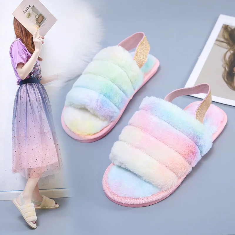 

Hot Selling Plush Slippers Slipper Sling Back Rainbow A- line Plush Slipper Women's Europe and America Fashion Household Cotton