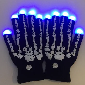 

2pcs LED Luminous Skull Bone Gloves Halloween Party Cool Fluorescent Light Props Winter Black Acrylic Knitting Warm Gloves