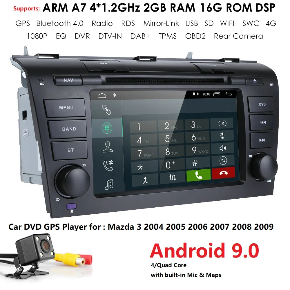 Top 1024*600 2G+16G Android9.0 GPS navi car dvd player radio stereo For MAZDA 3 2004-2009 WIFI DAB Mirrorlink rear camera SWC DVR 4G 2