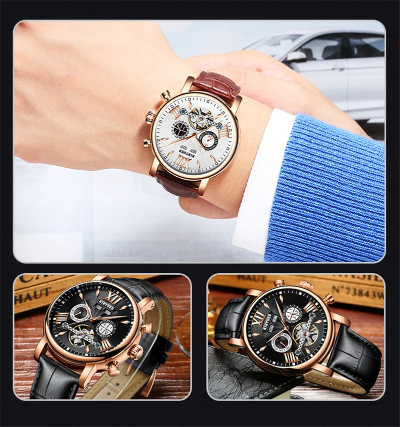 KINYUED Топ люксовый бренд Мужские часы механические Tourbillon Роскошные модные брендовые кожаные мужские спортивные водонепроницаемые часы
