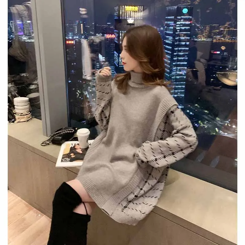 

Fake Two Women Clothing Knitted Sweater Korean Elegant Pullover Female Winter Turtleneck Jumper Ladies Simplee Outer Wear Top