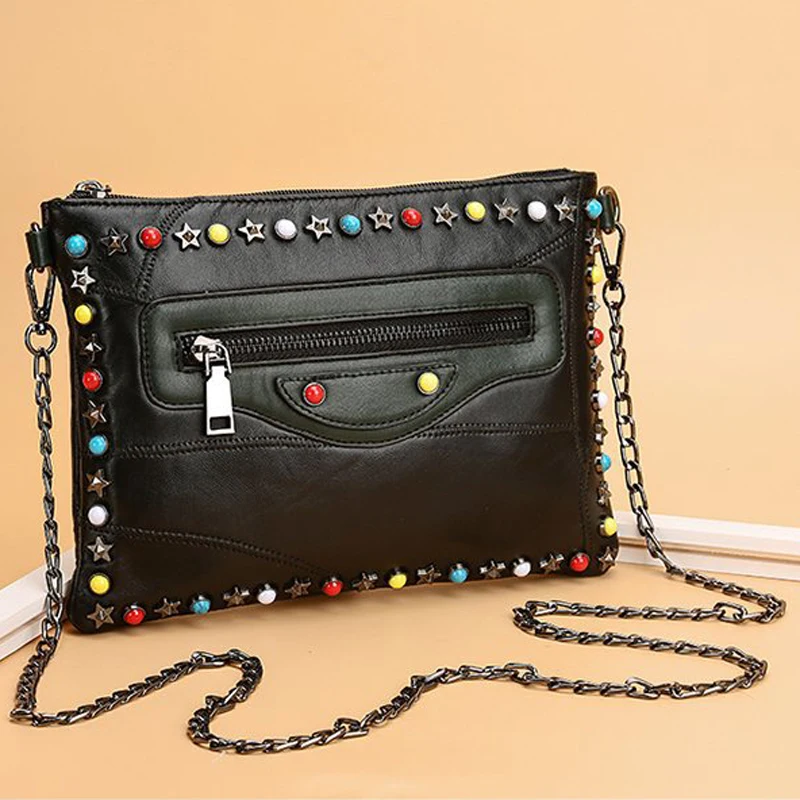 

Leather Bag 2020 New Style Sheepskin Handbag Fashion Rivet Shoulder Bag Summer Square Sling Bag Shoulder Bag