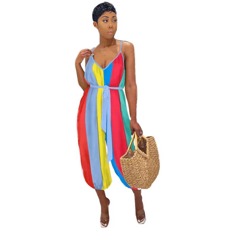 

Adogirl Summer Women Loose Jumpsuits Sexy Spaghetti Strap Backless Rainbow Striped Rompers Casual Party Club One Piece Outfits