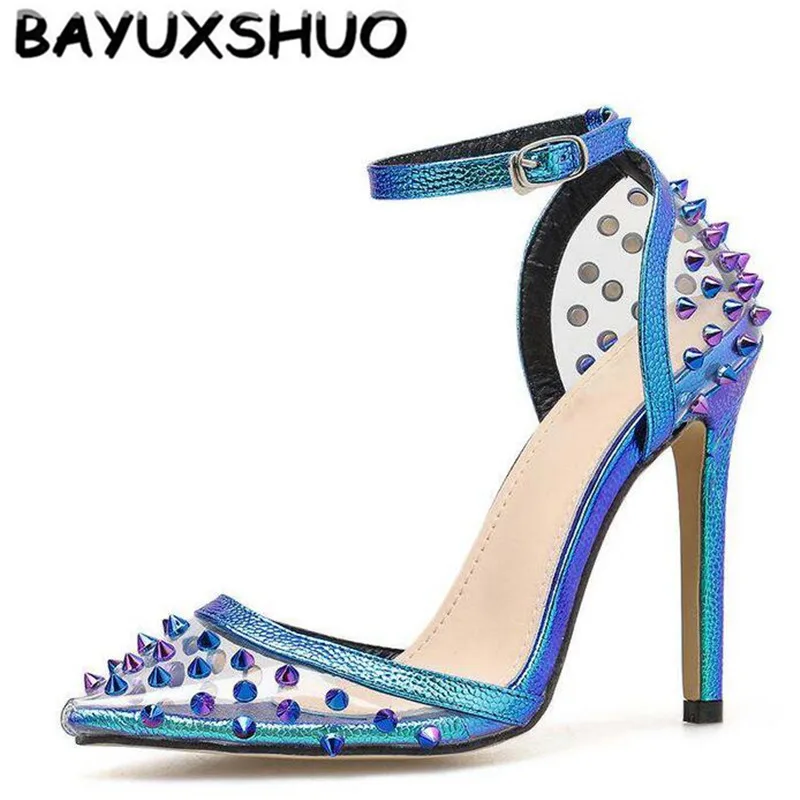 Новые летние женские сандалии BAYUXSHUO на высоком каблуке модные с заклепками и