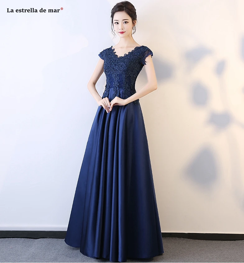 Vestido de festa para casamento Новое Кружевное атласное сексуальное платье трапециевидной формы с v-образным вырезом темно-синего цвета для подружки невесты длинное платье demoiseur d'honneur