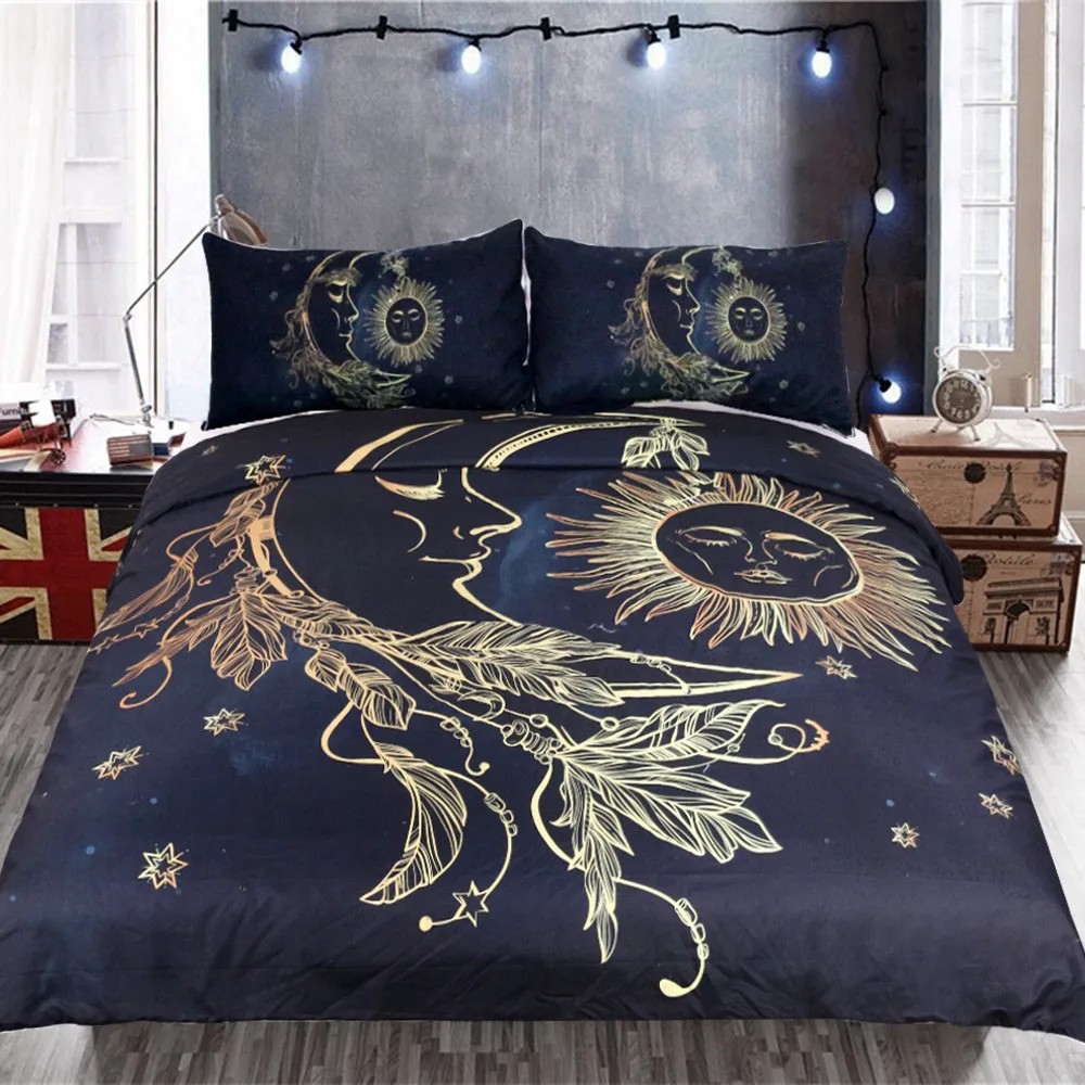 3d Gold Moon Accompanys Sun Duvet Cover With Pillowcase Black Dark