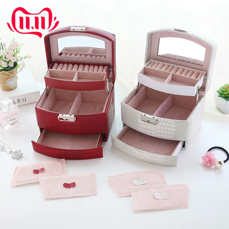 

Classical Leather Jewelry Box Three-layer Storage Box For Women Earring Ring Cosmetic Organizer For Decorations Makeup Gift Case