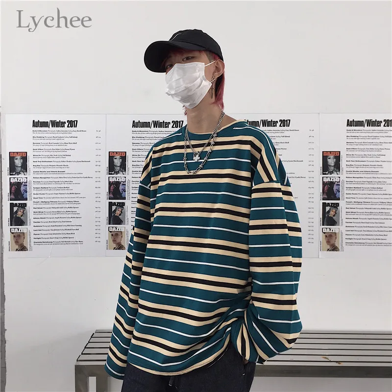 Lychee Harajuku Популярнейшая цветная полоска женская футболка Топ Футболка с длинным рукавом Женские футболки с круглым вырезом Хлопковые женские футболки