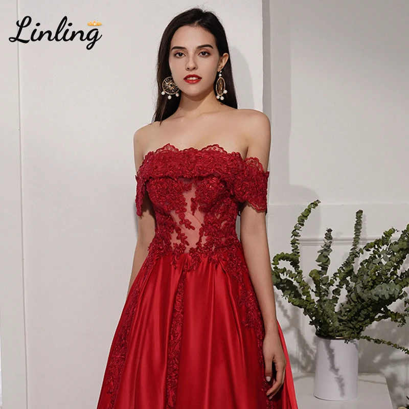 

LINLING Sexy Off Shoulder Red Lace Appqiued vestidos elegantes Prom Dress