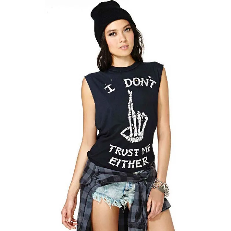 

TASTIEN Brand T shirt Women Summer 2016 Fashion Tees Women Skeleton Finger Printed Sleeveless Black Cotton Punk Rock T-shirts